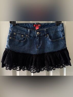 Denim & Lace Mini Skirt. Glam, 80’s, 90’s, Punk, Rock, Y2K.